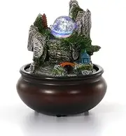 Dyna-Living Tabletop Water Fountain,Environmental Resin Meditation,Desktop Fountain,Indoor Waterfall Feature with Crystal Ball and Light for Home Office Decor Relaxation 6.3''X6.3''X7.9''