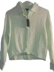 Monrow Top Womens Small Green Twist Front Button Shirt Crinkle Cotton Beach