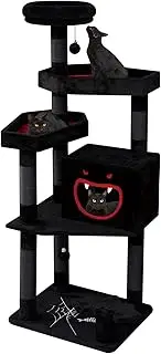 Gothic Cat Tree with Coffin Bed，62.5" Black Cat Tower with Spacious Demon Styled Cat Condo，Cozy Plush Perch, Scratching Posts，Hanging Ball，Multi-Level Cat Activities Furniture for Large Cats