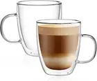 12Oz Double Wall Glass Coffee Mugs, Set of 2, Clear W/ Handle