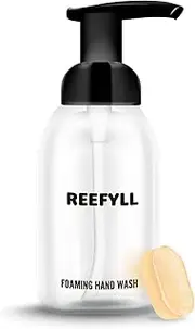 Reefyll Foaming Soap Dispenser Starter Pack with Refillable Bottle 250ml and Hand Soap Tablet x1 for Bathroom Kitchen Countertop Refillable Foam Soap with Juicy Orange Scent