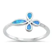 Cross Ring Blue Lab Opal Genuine Sterling Silver 925 Rhodium Plated Sizes 4 - 10