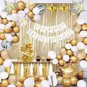 Gold Birthday Decorations,Gold Balloons Birthday Party Balloons Decorations Set with Happy Birthday Banner,Gold White Confetti Balloons,Gold Foil Birthday Background, Tassel Garland for women Girls