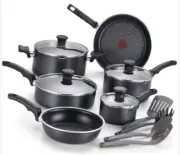 T-Fal Cook & Strain Nonstick Cookware Set, 14-Piece Set, Black, NEW