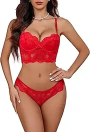 [Avidlove] Lace Lingerie Set for Women 2 Piece Bra and Panty Sets V Neck Corset Tops Nightwear S-XXL, Red, Medium
