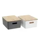 Plastic Storage Basket Bamboo Lid Home Kitchen Office Organiser Multi-Purpose