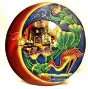 Wall Decor Mirror Beautiful Gift Painted Carved Round Wooden Red Blue Moon Heron