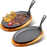 2 Sets Cast Iron Skillet Set, 10.63'' x 6.89'' Fajita Plate Sizzling Pan with Wooden Base Anti Scald Protection Removable Handle for Restaurant Kitchen Cooking Accessory BBQ Party