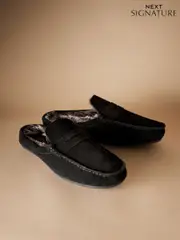Black Signature Faux Fur Lined Moccasin Mule Slippers (AV2824) | $64