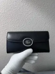 Gucci 762167 Mini Joan Double Leather Black Black Two Fold Long Wallet Wallet