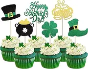 24 Pack Happy St.Patrick's Day Cupcake Toppers Glitter Lucky Four Leaf Clover Beer Shoes Irish Flag Cupcake Picks Cheers St. Patrick's Holiday Shamrock Theme Party Cupcake Decorations Supplies Green