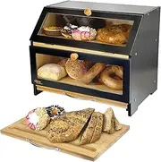 [Olive Falls] Large Two Layer Bread Bin & QUALITY CUTTING BOARD - Stylish Black. Clear Acrylic Windows and Ventilation Holes keep your Bread Storage Fresh For Longer. Easy Home Self Assembly Design