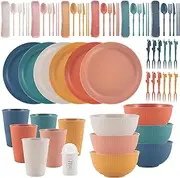 Dyserbuy 60pcs Plates and Bowls Set, Plastic Dinner Sets for 6 People, Unbreakable Picnic Dinner Set, Lightweight Dinnerware Plates, Bowls, Cups, Cutlery Set, Forks for Camping, Picnic, Party