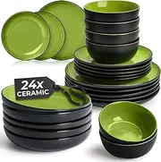 [MIAMIO] Dishware Set/Stoneware Dinnerware Set – Including Plates, Bowls and Mugs – Microwave & Dishwasher Safe – Le Papillon Collection (Green, 24 Pieces)