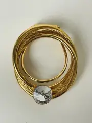 Vintage Jeri-Lou Gold Tone Textured 3 Ringed Rhinestone Scarf Ring Clip NEW