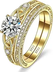 [Yaresul] Vintage Celtic Knot Women's Engagement Ring Sets 925 Sterling Silver/14K Gold Plated Stackable Wedding Bands Rings AAAAA Cubic Zirconia Women Bridal Sets Wedding Ring Band Width 1.8mm Size 5-9