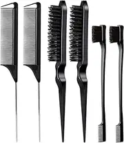 SYTHAK 6pcs Hair Brush Styling Combs Set,Slick Bristle Hair Brush, Metal Pin Rat Tail Comb and Double Sides Edge Brush for Edge & Back Brushing, Women Girls Men Combing, Smoothing and Styling Hair. BLACK