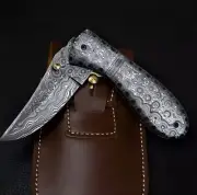 CUSTOM HANDMADE DAMASCUS STEEL FOLDING KNIFE | POCKET KNIFE WITH LEATHER SHEATH