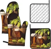 4 pcs Oven Mitts and Pot Holders Set 500°F Heat Resistant Oven Gloves and Hot Pads Kitchen Mittens Beer and Hop Cones Cooking Gloves Potholders for Baking Grilling
