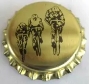 BICYCLE BEER old unused CROWN Bottle CAP w/ 3 BIKERS on BIKES Evansville INDIANA