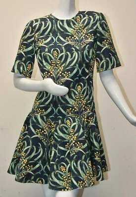 NEW Oscar de la Renta Mimosa Stems Cocktail Dress Navy Yellow Short Sleeve 8