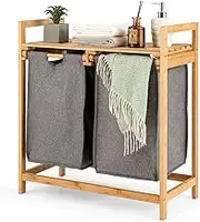 Giantex Bamboo Laundry Hamper with Dual Compartments, 2-Section Laundry Sorter Basket w/Removable Sliding Bags & Top Shelf, Utility Storage Organizer for Bathroom, Living Room, Bedroom, Natural