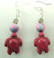 Shocking Pink Howlite Turtle Dangle Earrings & Polymer Clay Beads Handmade