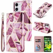 For Apple iPhone 11 Case Marble Painting Pattern With Lanyard Flip Wallet Case Leather Card Slots Stand Cover (Purple Gilding)