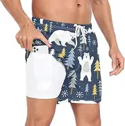 [GuoChe] Men's Swimming Shorts Men Double Layer Running Shorts Cute Bear Newborns Blue with Compression Liner Training Shorts