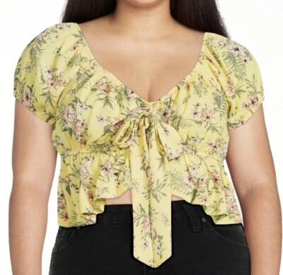 Almost Famous Peasant Sleeve Front Tie Peplum Crop Top Yellow Floral Jr. Sz XL
