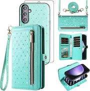 [Asuwish] Phone Case for Samsung Galaxy S23 FE 5G Zipper Wallet Detachable Cell Cover with Tempered Glass Screen Protector Crossbody Strap Bling Flip Credit Card Holder S 23 EF S23FE 23S Women Men Teal