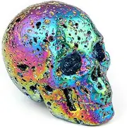 Skullis 2.0" Rainbow Aura Hot Lava Stone Crystal Skull, Hand Carved Gemstone Fine Art Sculpture, Reiki Healing Stone Statue.
