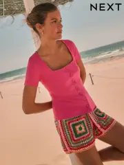 Pink Short Sleeve Ribbed Button Through Top (F07825) | $30