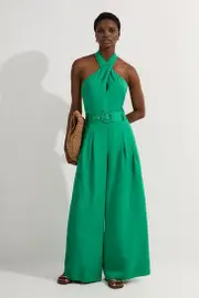 Petite Premium Viscose Linen Cross Front Halter Belted Woven Wide Leg Jumpsuit