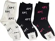 [Generic] Made in Korea APT Socks – Comfortable Cotton Crew Socks for Men and Women, Stylish Korean Streetwear Design, Soft and Breathable Daily Socks, 3 Pairs Set (Black, White, Patterned), Black With Pink
