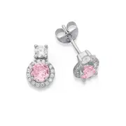 Silver Small Round Pink Cz Cluster Stud Earrings in Pink
