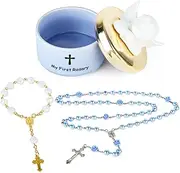 My First Blue Rosary with Keepsake Box, Catholic Baptism Gifts for Baby Boy Communion Rosary with Box Baby Shower Rosary Beads for Boys (Blue)