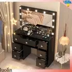 Large Black Dressing Table with LED Light Mirror Vanity Make up Desk 7 Drawers
