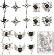 [SUNNYCLUE] 16PCS 8 Style Black Gothic Charms Rhinestone Charm Bulk Halloween Heart Butterfly Wings Star Spider Web Alloy Glass Charms for jewelery Making Charms DIY Craft Halloween Party Gift Supplies, No Gemstone