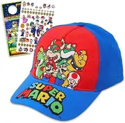 [Nintendo] Super Mario Family Hat - Super Mario Baseball Cap Bundle with Bowser, Mario, Luigi, Toad, and Yoshi Plus Stickers, Door Hanger | Super Mario Baseball Hat for Kids