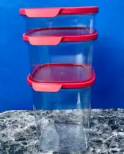 Tupperware Set of 3 Ultra Clear Elegant Square Modular Mates with Red Lids