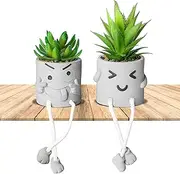 INFTYLE Set of 2 Artificial Potted Plant Cute Fake Succulent Plant with Hanging Leg Emotional Cement Faux Succulent Potted Plant Decor for Home Office Table Desk Living Room Shelves