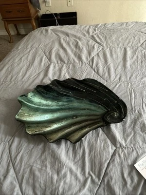 Large Blue Glass Bowl Seashell Shell With Silver Sparkle Throughout