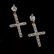 Gold Plated Cross Drop Dangle Cz Screw Back Stud Huggie Hoop Earrings