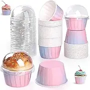 50Pcs 5.5oz Round Cupcake Liners, Colored Mini Cake Cups Reusable Laminated Paper Baking Liners with Lids, Laminated Paper Baking Liners for Home Kitchens, Weddings, Parties
