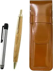 Slim Cowhide Leather Pen Case Brown Metal Touch Stick Silver and Maple Wooden Axis Retro Ballpoint Pen Set ASC-ALST-HS47S