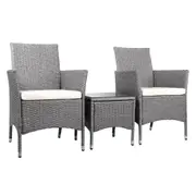 3 Piece Gardeon Outdoor Bistro Set Lounge Setting Patio Furniture Table and Chairs Wicker Grey