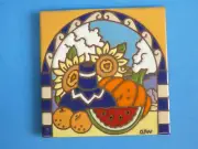 Ceramic Art Tile 6"x6" Happy Harvest Sunflowers Clouds Hand Painted Trivet G47