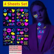 4 Sheets Set Face Fluorescent Tattoo Stickers Glow Under UV Light Neon Party Bar