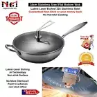 LARGE 34CM 316 STAINLESS STEEL FRYING PAN WOK NON STICK TRANSPARENT LID STIR-FRY